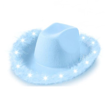 浅蓝色色毛边带灯牛仔帽 天蓝色毛边带灯西部牛仔帽LED帽