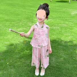 网红女童中国风休闲套装中小童夏季新款洋气无袖上衣阔腿裤两件套