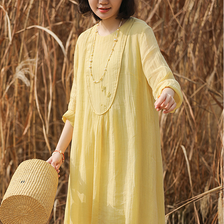 2026 Spring/Summer New Artistic 100-Count Fine Crepe Ramie Lightweight Textured Hand-Embroidered Double-Layer Flowing Dress