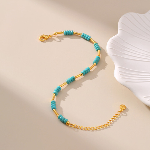 Summer New Luxury Niche Design Turquoise Handmade Bead Bracelet with Copper Tube Plated 18K Gold Elegance Necklace