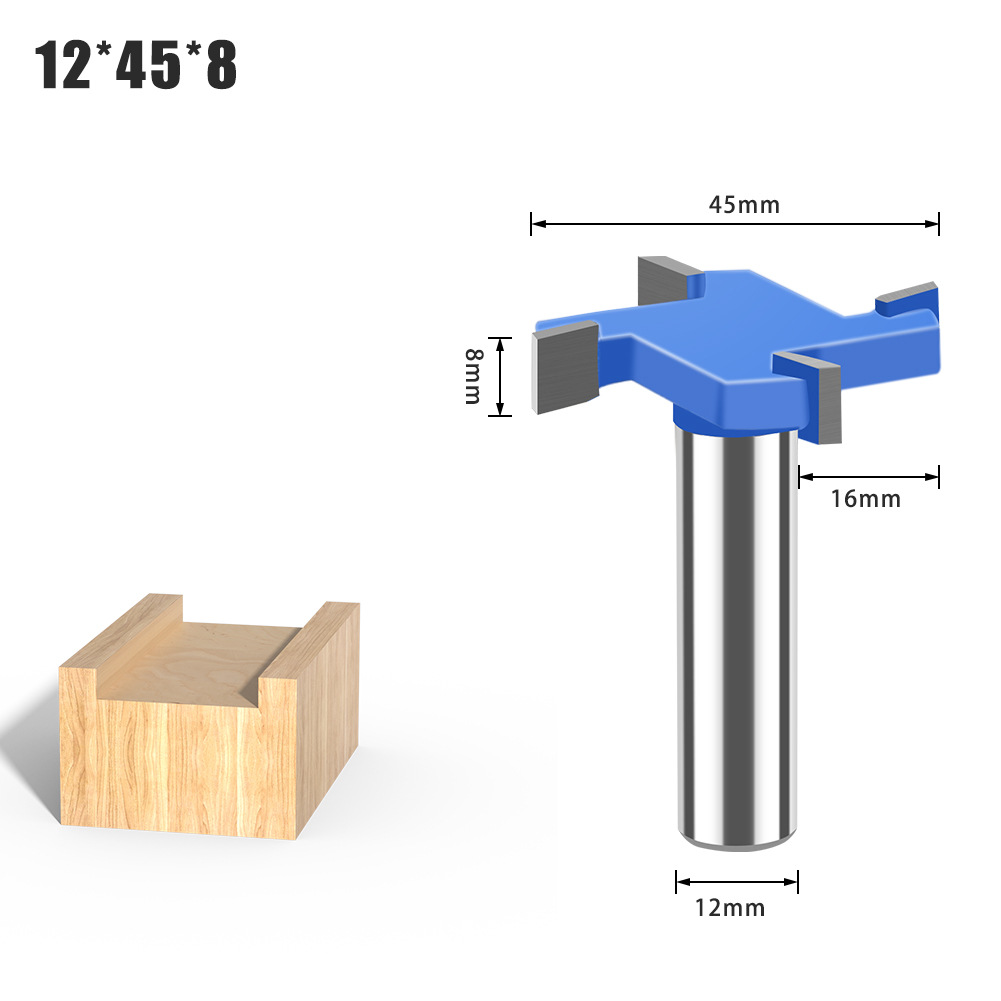 Cuchillo en forma de T de cuatro dientes de 6 dientes 1/2 mango Herramienta de carpintería de mango de 12mm Cuchillo de ranura en forma de T alargado Cuchillo de ranura Cortador de fresado en forma de T Cuchillo Tenon