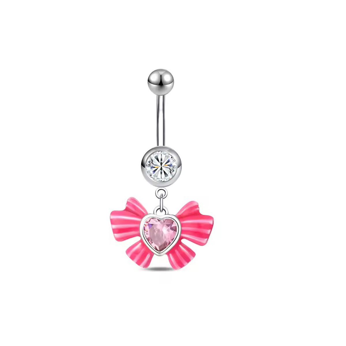 Stainless Steel Belly Button Ring With Pink Zircon Flower Charm_voghion.com