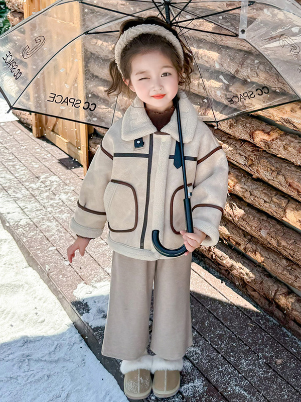 女童秋冬季皮毛一体外套女宝宝仿皮草冬装新款女宝洋气皮衣机车服|undefined