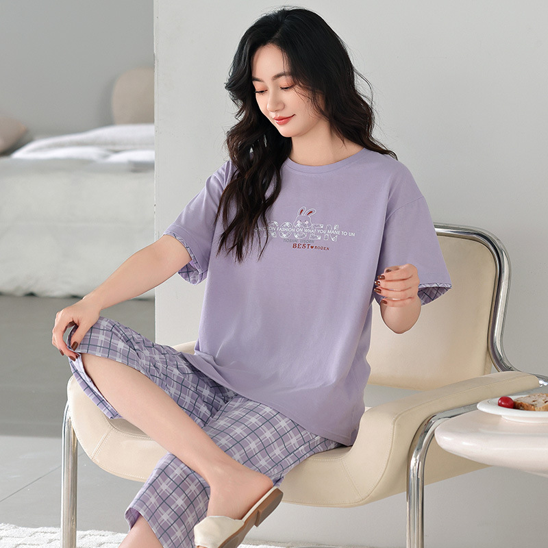 Pajamas Women's Summer Cotton Short-sleeved Capri Pants for Middle-aged Mothers Summer Thin Cotton plus size Home Clothes Two-piece Set