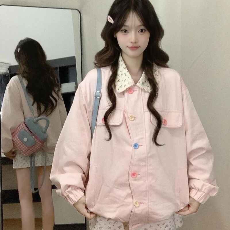 Retro Hong Kong Style Women's Baseball Jacket 2026 Spring/Autumn Sweet Floral Print Turn-down Collar Loose Versatile Trendy Jacket Retro Hong Kong Style Women's Baseball Jacket 2026 Spring/Autumn Sweet Floral Print Turn-down Collar Loose Versatile Trendy Jacket