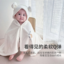 新款婴儿加厚柔软浴巾珊瑚绒比棉吸水带帽斗篷绣花宝宝洗澡包巾