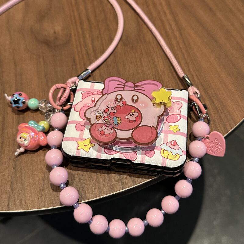 Pink Kirby Magnetic Crossbody Lanyard Suitable for Huawei Purax Mobile Phone Case Collector's Edition Pocket2 Xiaomi Mixflip2 Samsung Galaxy Zflip765 Honor Magicvflip