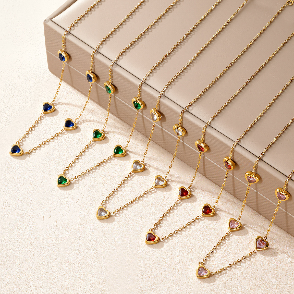 Korean Style Fashion Ins-Style Colorful Diamond-Encrusted Heart-Shaped Accessories Chain Stainless Steel Gold-Plated Jewelry Versatile Bracelet Necklace