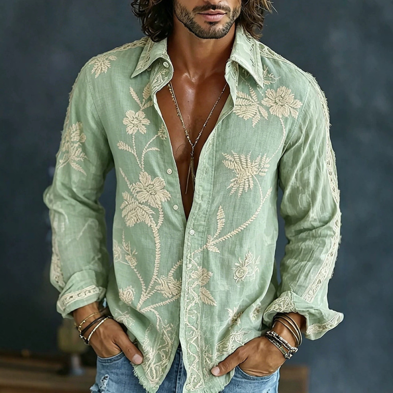 2026 Cross-Border Independent Site Amazon Men's New 3D Digital Print Retro Floral Casual Long-Sleeve Shirt