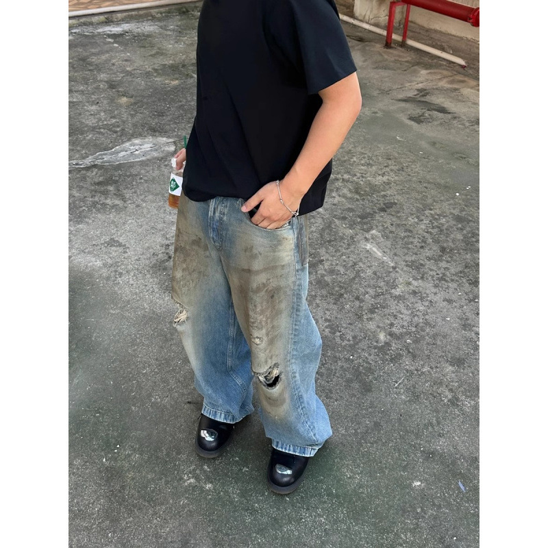 Distressed Washed Dirty-Look Jeans, Slightly Flared Denim Pants, New Spring/Summer Straight Loose Casual Long Pants