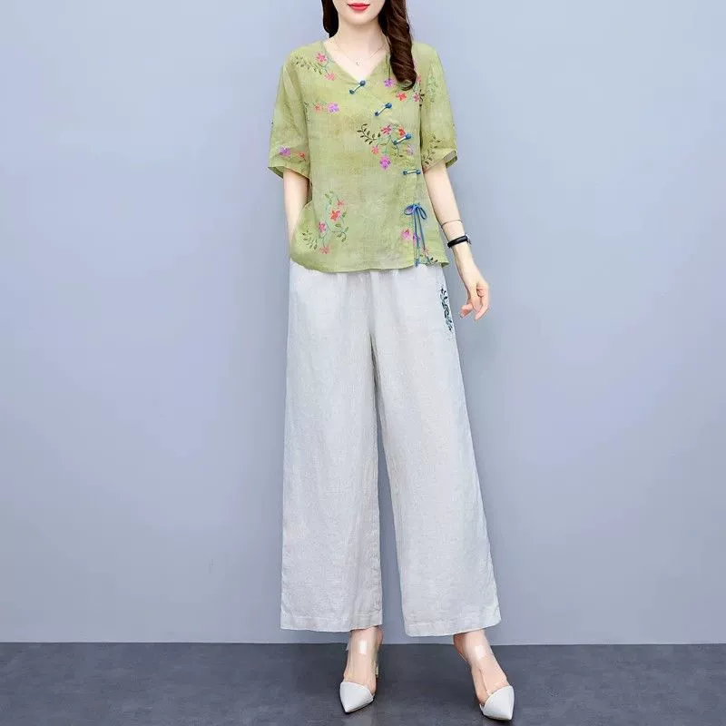 Женский летний костюм 2025 года: широкие брюки из рами с вышивкой, свободный, элегантный, из хлопка и льна, двухпредметный комплект для мам.