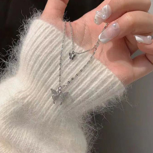 Double-layer butterfly necklace~Flash diamond  spring and summer new trendy necklace for women ins Korean versatile cold style clavicle chain