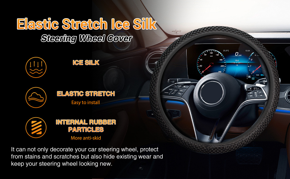 Elastic Steering Wheel Cover Is Warm in Winter and Cool in Summer. Fine Fiber Breathable Ice Silk Is Non-Slip and Easy to Carry and Install