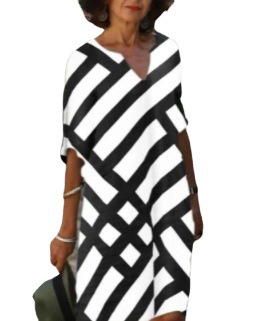 Fashionable V-Neck Striped Printed Mid-Sleeved A-Line Linen Dress_ecoleips.com