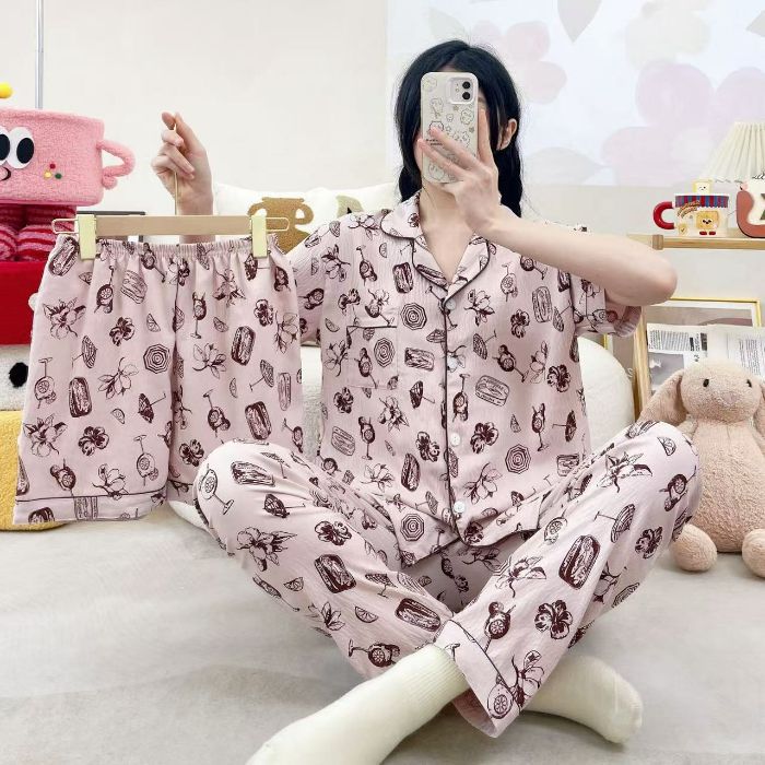 Venta al por mayor transfronteriza 120g pijamas de algodón de nube de verano de manga corta para mujer pantalones cortos de algodón de nube de verano de tres piezas servicio a domicilio de dibujos animados