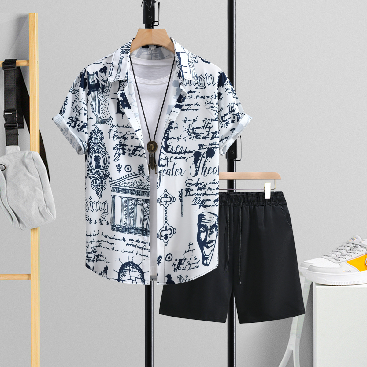 ZSY057 티베트 파란색 낙서 검은 바지 세트