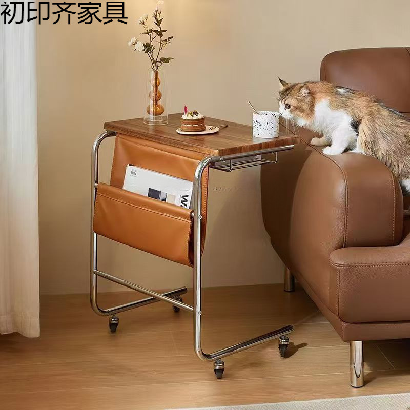 Retro Style Movable Coffee Table, Living Room Side Table, Simple Sofa Side Storage Rack, Household Wheeled Corner Table, Bedside Table