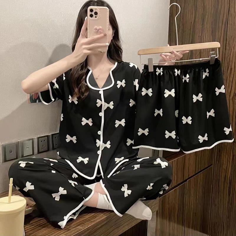 Foreign trade summer three-piece bow pajamas ladies Korean version of loose micro-business online red live female home clothing wholesale Foreign trade summer three-piece bow pajamas ladies Korean version of loose micro-business online red live female home clothing wholesale