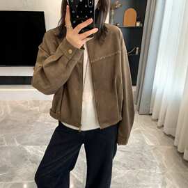 复古美拉德民族刺绣立领宽松机车短外套春秋防麂皮绒夹克女