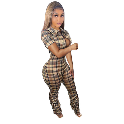 BN230 European and American women's clothing new style check print slim pleated zipper short-sleeved jumpsuit