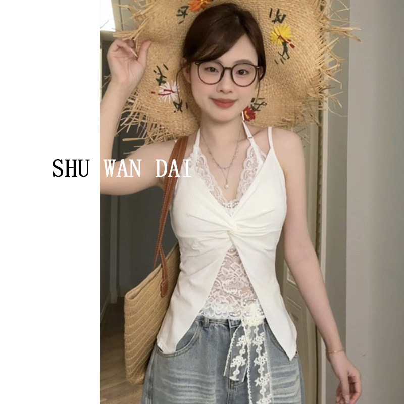 Unique and Beautiful Vacation-Style Outfit: White Lace Halter Top with Chest Pads, Sleeveless Outerwear for Women Unique and Beautiful Vacation-Style Outfit: White Lace Halter Top with Chest Pads, Sleeveless Outerwear for Women
