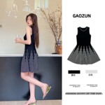 东莞毛织厂A字款连衣裙高级垂感显瘦背心裙子 夏季撞色无袖连衣裙