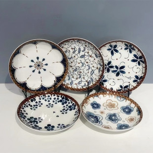 Japanese Style Retro Ceramic Plate Household Deep Plate Creative Internet Celebrity Plate Underglaze Color Plate Fruit Plate Rice Plate Dinner Plate