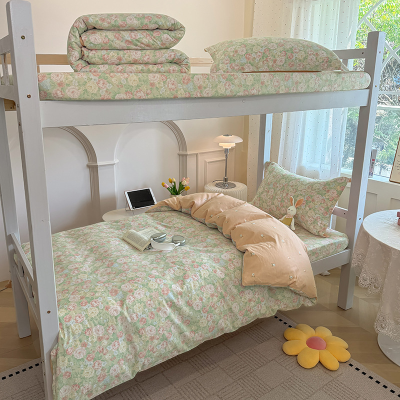 Juego de cama de dormitorio de estudiantes universitarios de tres piezas de algodón puro algodón lavado de algodón sábana individual funda de edredón juego de cama de cuatro piezas