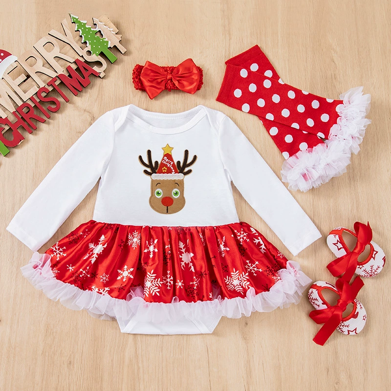 Демисезонный Christmas боди, юбка, детский комплект, с длинным рукавом, со снежинками, набор 4 шт., оптом
