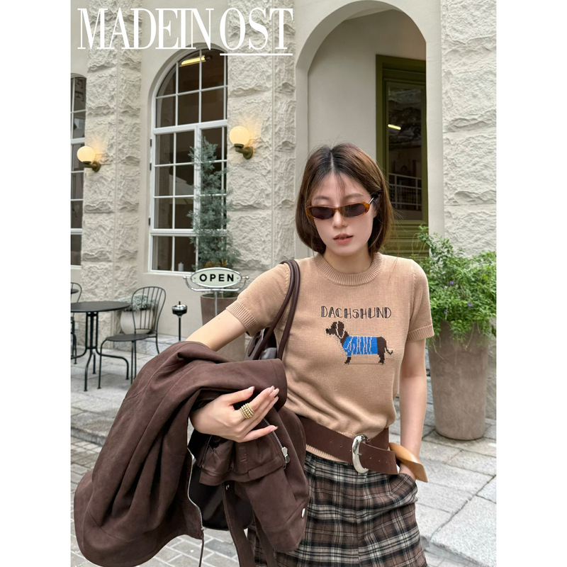 MADEIN OST-6羊毛小狗刺绣字母短袖毛衣(含6羊毛)S8789|undefined