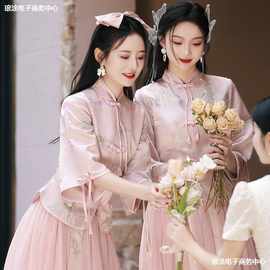 中式婚礼伴娘服2023新款灰色秋冬显瘦长袖大码姐妹服伴娘团礼服裙