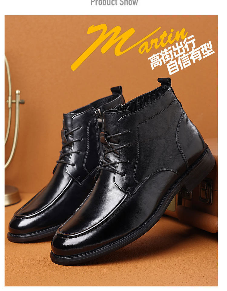 Bốt cổ ngắn nam da bò lớp đầu kiểu Martin, đế gỗ, gót thấp 1–3 cm — Mẫu đen bốn mùa, Đen lót lông chi tiết 23