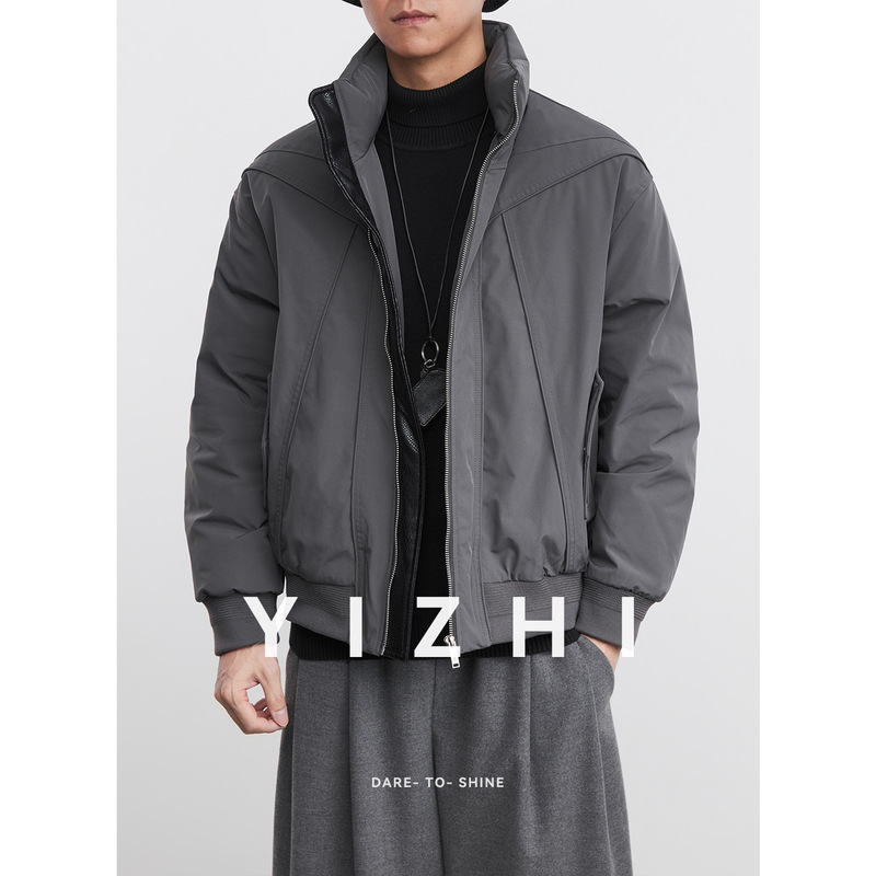 Pu Patchwork down Jacket for Men, Winter Duck down Warm Workwear Jacket, High-End Short Style Stand Collar Coat