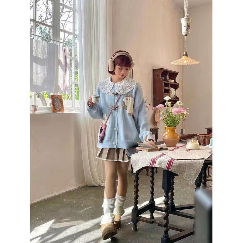 日系提花猫咪学院风针织衫毛衣外套甜美宽松开衫多巴胺小个子上衣