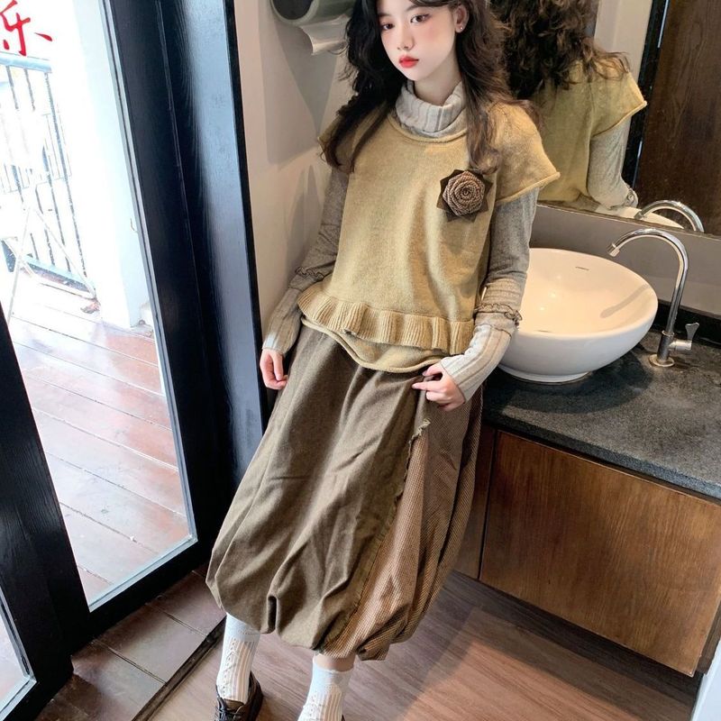 今年流行的套装法式文艺针织毛衣马甲长袖打底衫半身长裙女三件套|undefined
