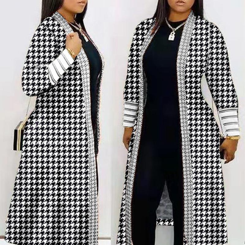 2024 ropa de mujer de comercio exterior transfronterizo Negro estilo de moda casual impreso manga larga costura abrigo de punto medio ropa de mujer