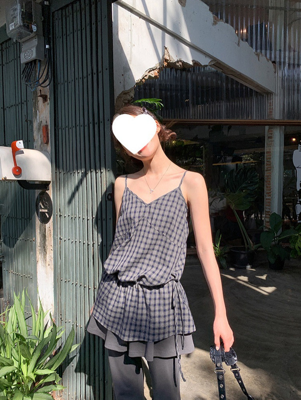 你好卡农 绑带收腰格子长款吊带背心女夏2025新款小个子休闲上衣|undefined