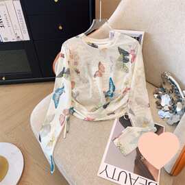 印花网纱打底衫女夏季内搭外穿薄款性感透视别致长袖防晒衣