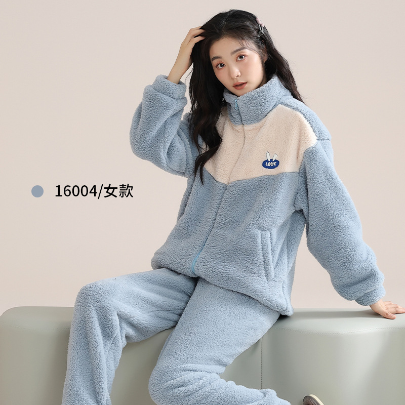 品牌同款情侣珊瑚绒睡衣男女士秋冬季法兰绒加厚半边绒家居服套装|undefined