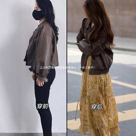 秋季套装女2025新款大码胖mm美拉德咖色皮衣外套碎花连衣裙两件套