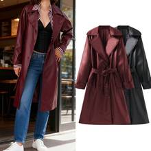 欧美跨境女装秋冬新款时尚气质PU翻领系腰带中长款皮风衣外套