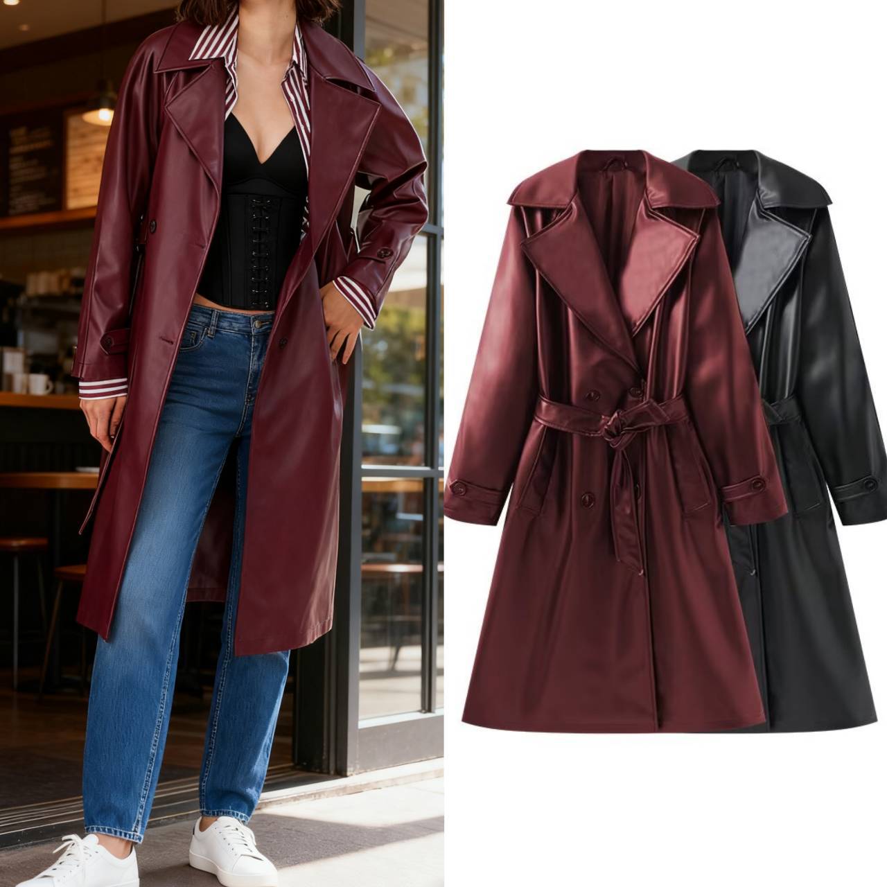 欧美跨境女装秋冬新款时尚气质PU翻领系腰带中长款皮风衣外套