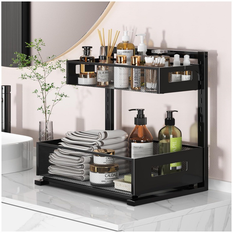 Rack de almacenamiento de doble capa tipo extracción de mesa para el baño ajustable para cosméticos de acabado
