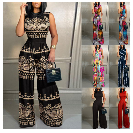 2025 New Summer European and American Cross-Border Hot Selling Casual Straight Jumpsuit Slim Printed Sleeveless Pants Women's Clothing