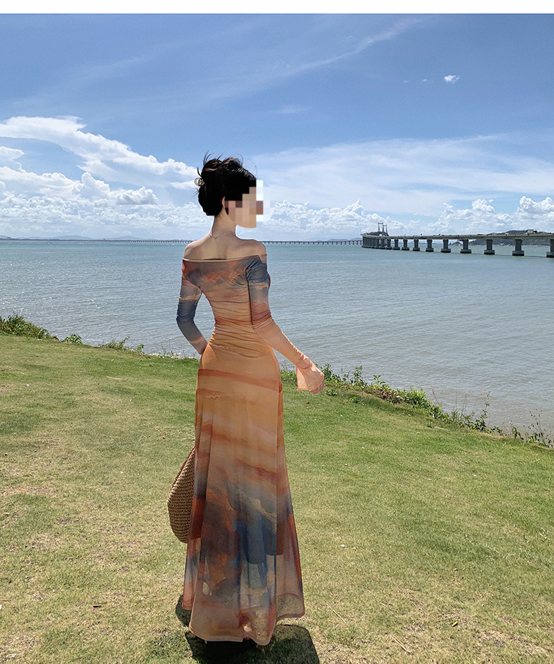 French Spice Girl Sunset Tie-Dye Printed Swinging Neck Mesh Dress Feminine Temperament Slim Waist Skinny Holiday Dress_ecoleips.com