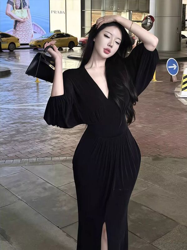纯欲辣妹V领蓬蓬袖开叉连衣裙女夏季新款修身显瘦高级感包臀长裙|undefined