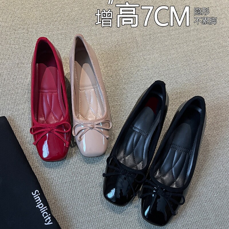 ~7Cm Internal Height Increase French-Style Bowknot Chunky Heel Single Shoes for Women, 2026 Spring New Mary Jane Shoes, French Hepburn Style