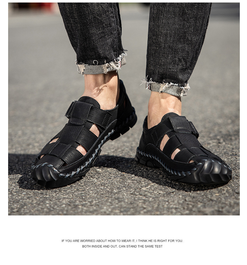 Men’s Summer Closed-toe Leather Sandals With Velcro Strap_voghion.com