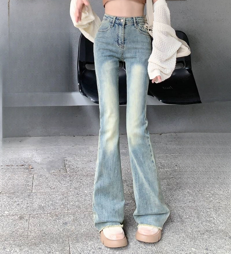 Hot Girl 작은 복고풍 하이 웨이스트 청바지 봄과 가을 새로운 하이 스트리트 다목적 슬리밍 마이크로 플레어 바지 여성 트렌드