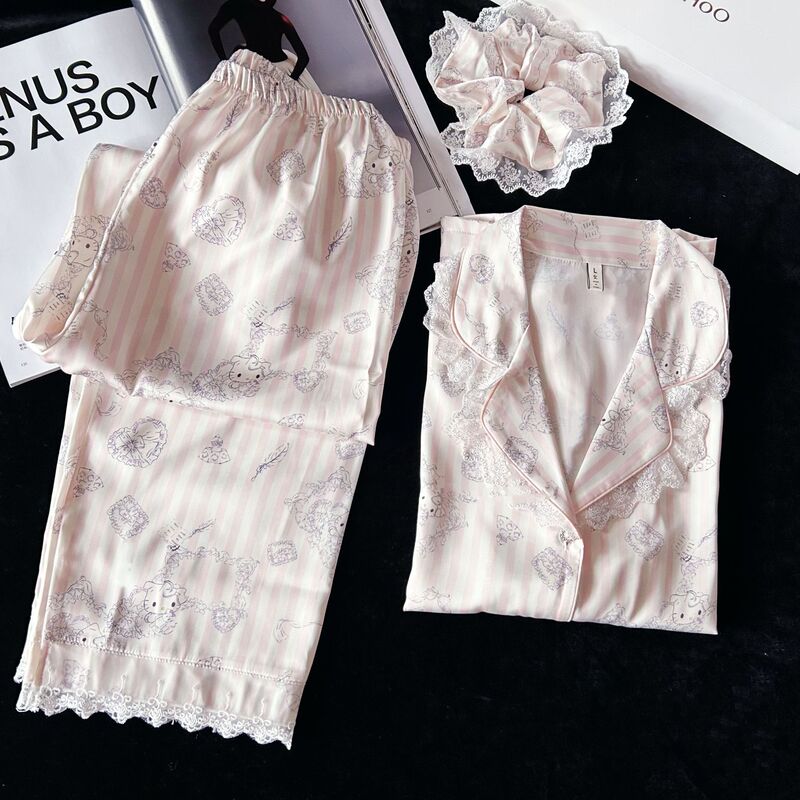 Xiaohongshu Recommends Kitty Girl Ice Silk Pajamas with Lace Trim, Long-Sleeve and Long-Pants Set, Home Wear Wholesale Xiaohongshu Recommends Kitty Girl Ice Silk Pajamas with Lace Trim, Long-Sleeve and Long-Pants Set, Home Wear Wholesale